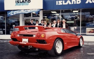 With the Alpine Electronics Lamborghini Diablo at Island Audio, 1991